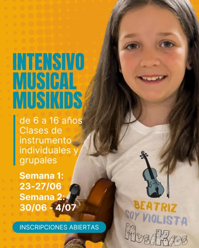 Intensivo de perfeccionamiento musical Musikids 2025 ¡No te lo puedes perder!

🎵👉 Formación musical de altísimo nivel

👧🧑 Dirigido a niños y jóvenes de 6 a 16 años que quieren empezar o mejorar sus conocimientos musicales. Se harán grupos según nivel

👨‍🎓🎻 Profesores (titulados superiores) con experiencia en docencia. Habrán clases particulares y grupales de instrumento y orquesta, así como tiempo de juego y diversión

📍¿Cuándo? Semana 1: del 23 de junio al 27 de junio. Semana 2: del 30 de junio al 4 de julio
📍¿Dónde? En Tempo Musical: Ramón de Aguinaga 15, 28028 Madrid
📍Diferentes horarios a elegir según el horario de recogida
📍Descuentos por familia
📍Plazas limitadas: las plazas se darán según orden de inscripción
📍¿A qué esperas para inscribirte? Link en la BIO

#tempomusical #clasesdemusica #escuelademusica #campamentourbanomadrid #campamentomusicalmadrid #campamentomusical #veranoenmadridconniños #julioconniñosenmadrid